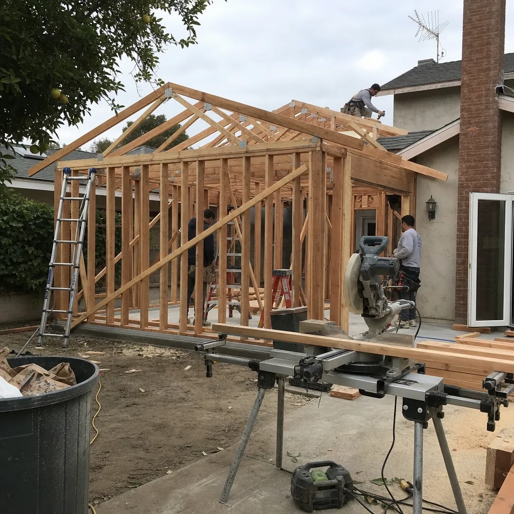 Contractors framing a new home addition structure on a residential job site