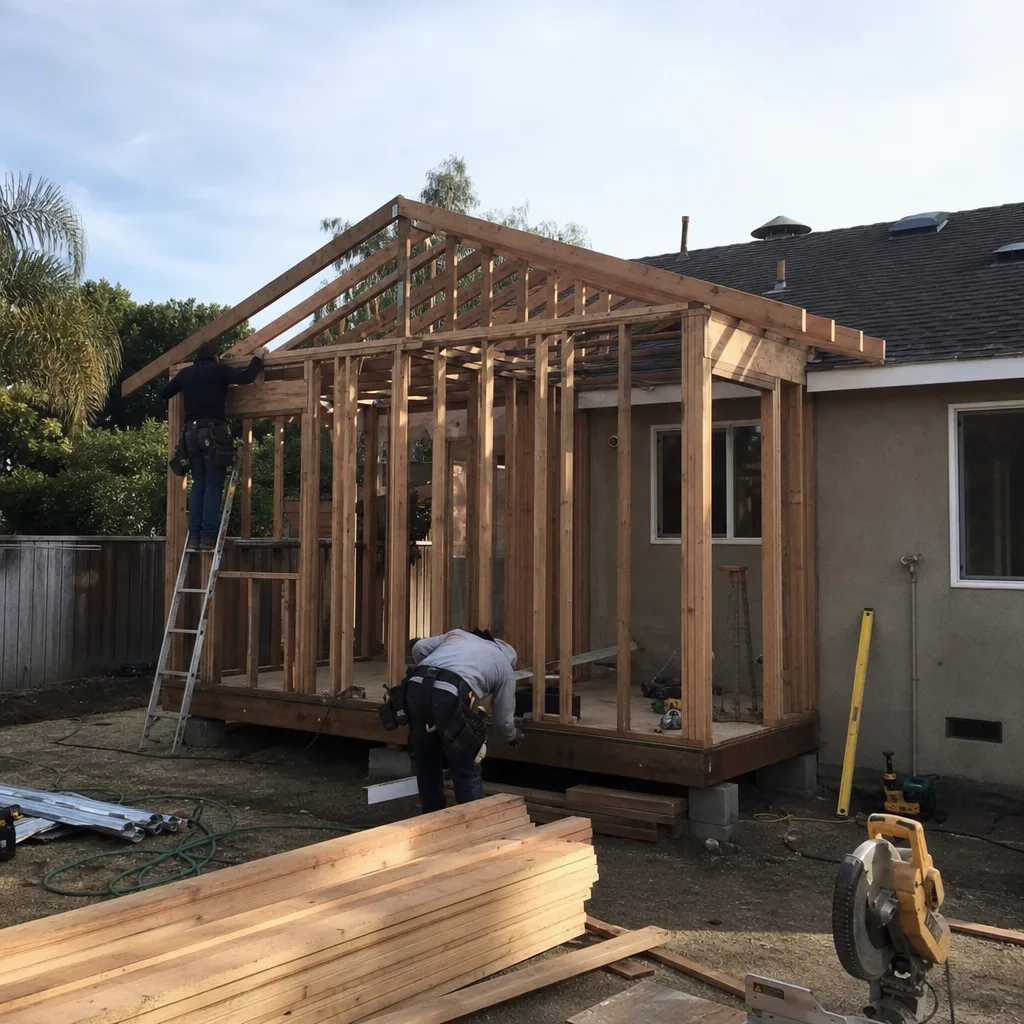 Contractors building a wooden home addition frame in a backyard.