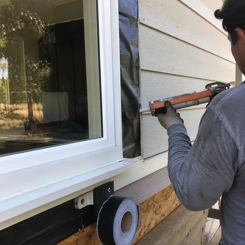 Contractor applying sealant to a newly installed window during home construction
