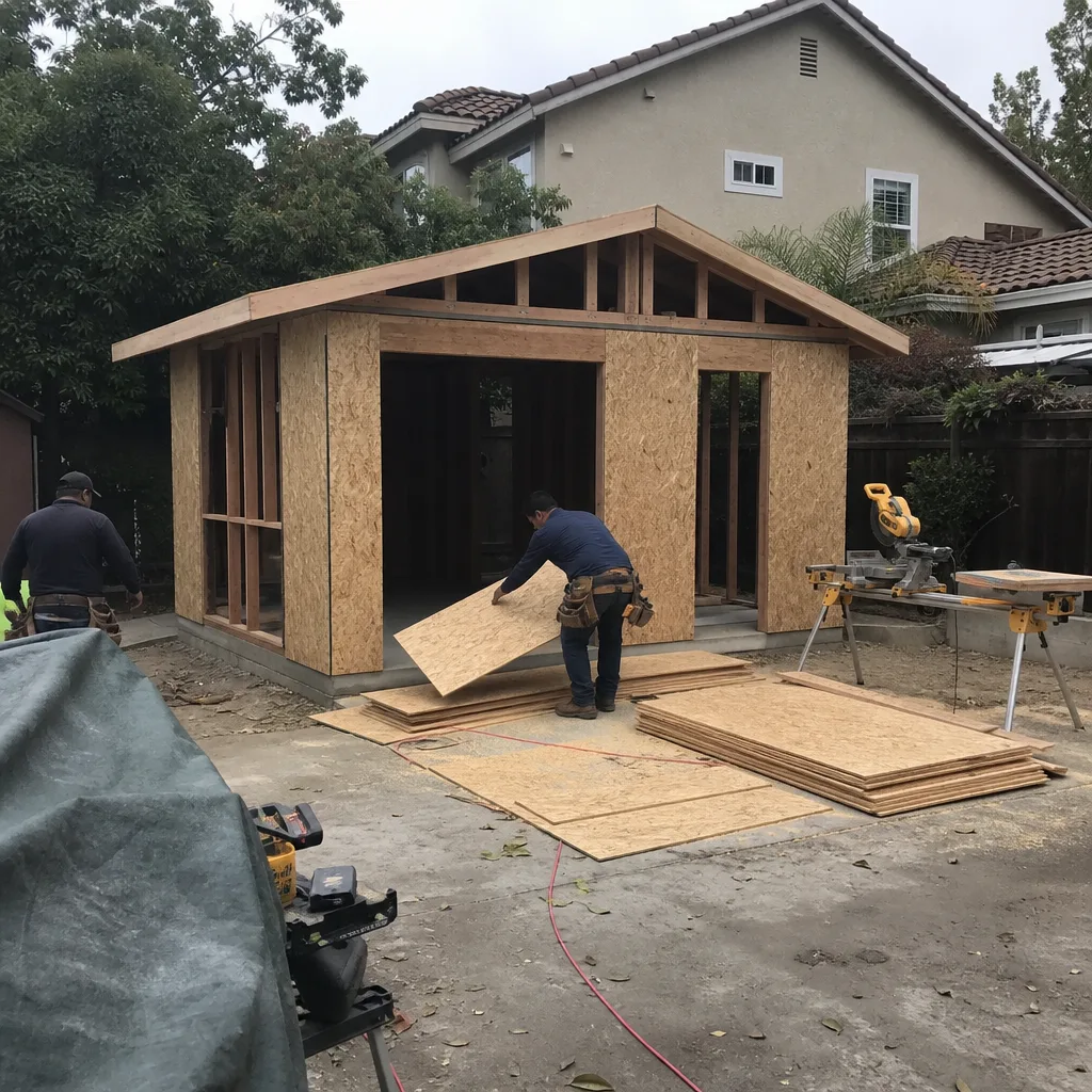Contractors installing plywood sheathing on a backyard room addition project.