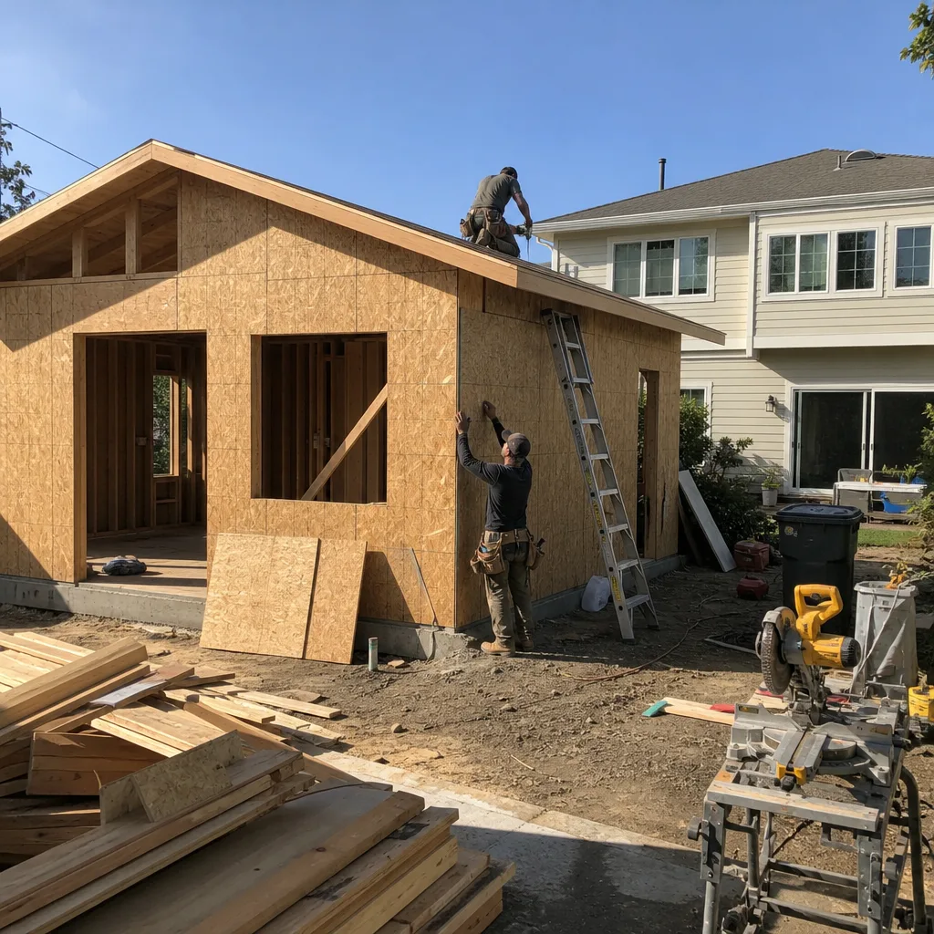Contractors installing plywood sheathing on the exterior of a room addition