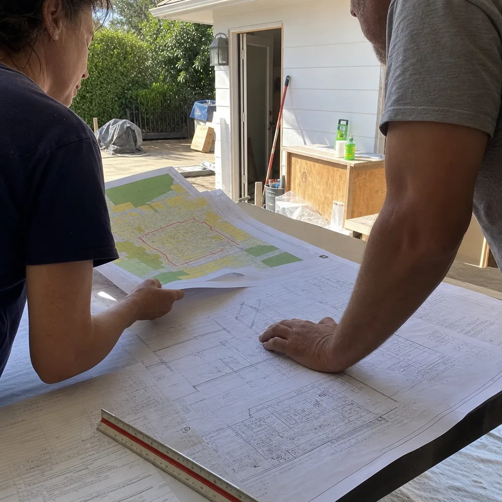 contractor and client reviewing home renovation blueprints on a job site
