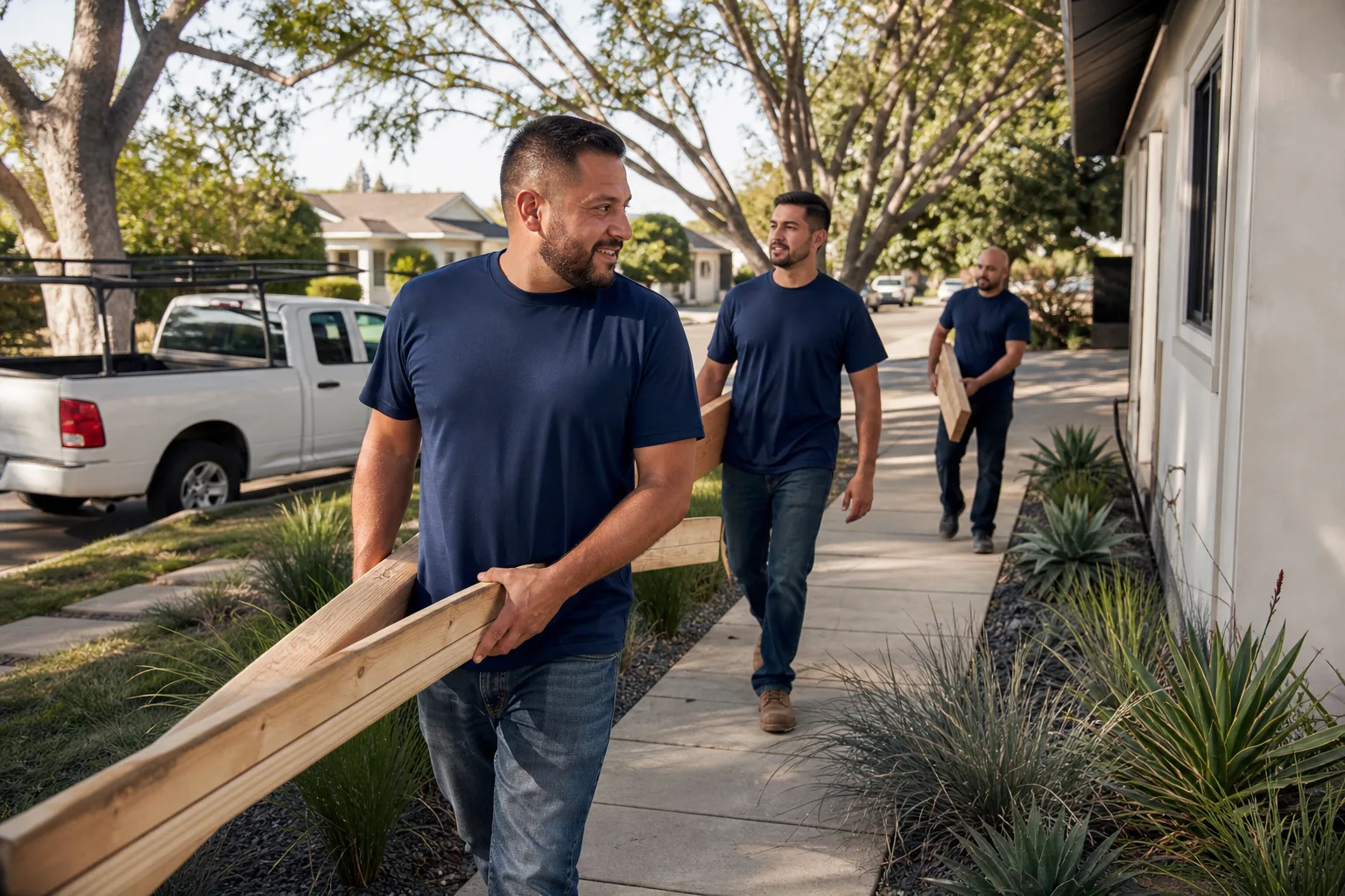 A building crew carrying lumber to a backyard ADU site